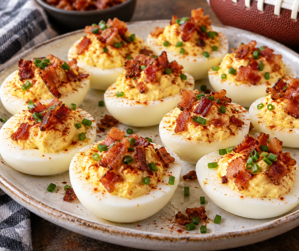 high protein game day snacks deviled eggs with bacon