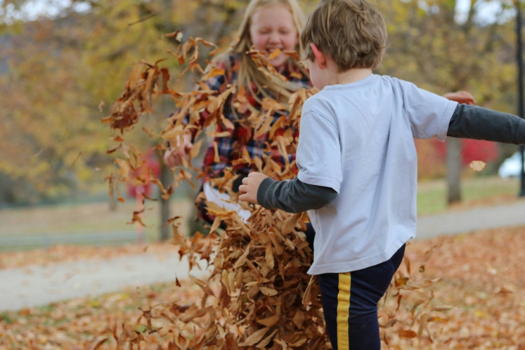 kids jumping in leaf piles leaves autumn fall bucket list for families