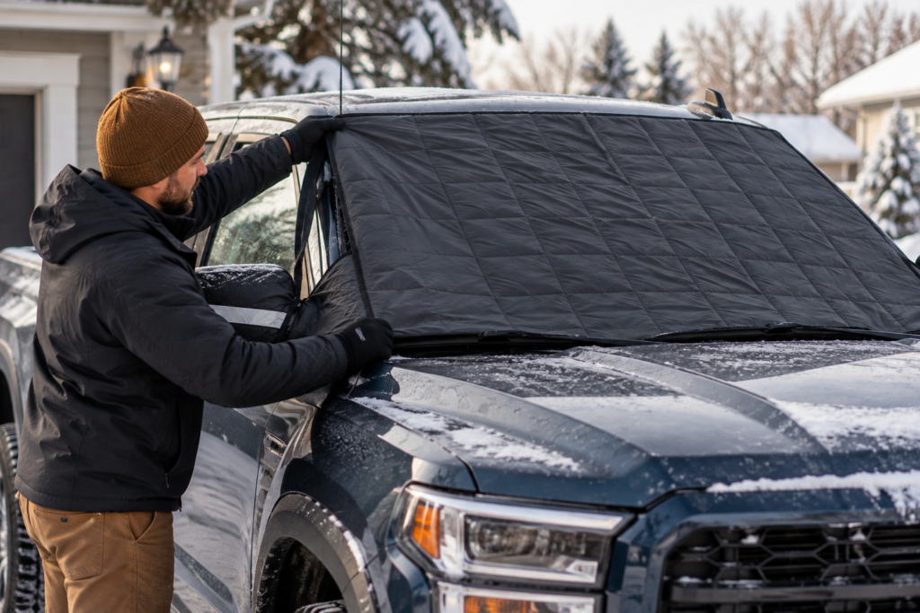 man putting winter windshield cover on his vehicle car