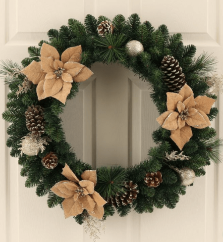 28in Christmas Burlap Poinsettia & Ornaments Artificial Pine Wreath
