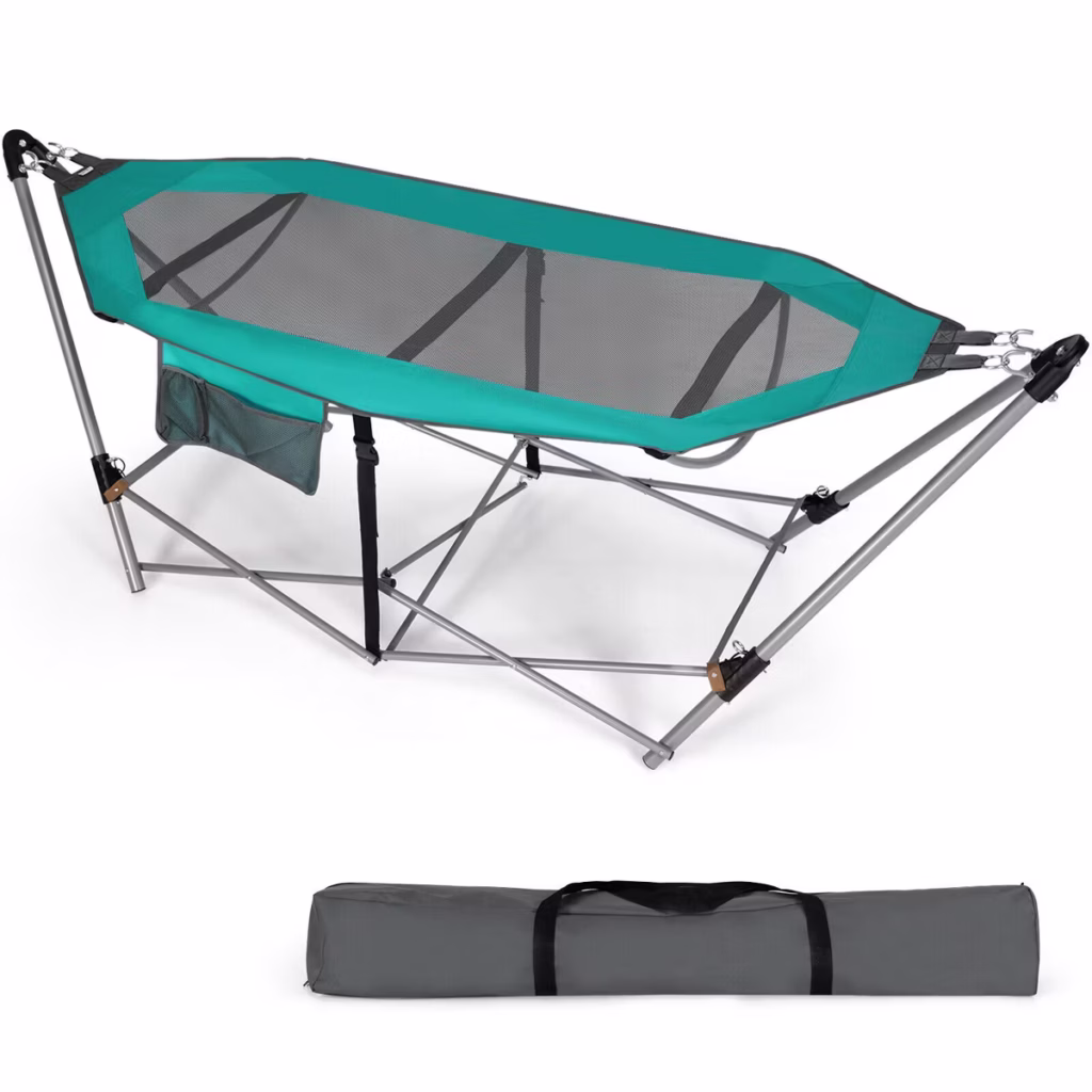 hammock Costway Folding Hammock Indoor & Outdoor Hammock with Side Pocket & Iron Stand Turquoise Budget Outdoor Gear for Families