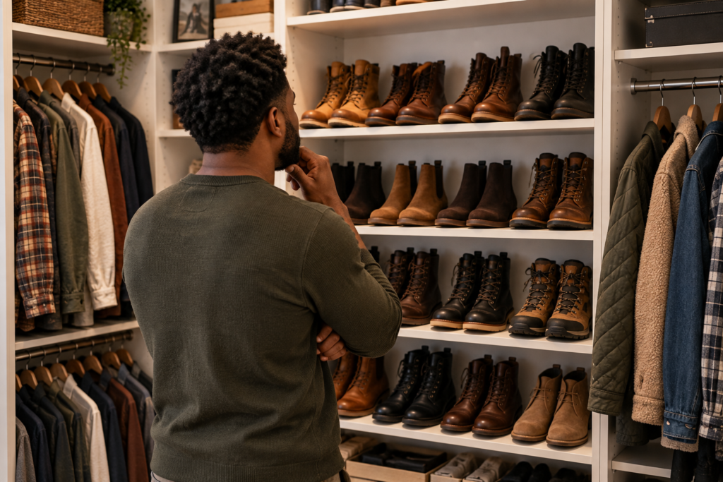 best fall boots for men man looking at shoes in his closet