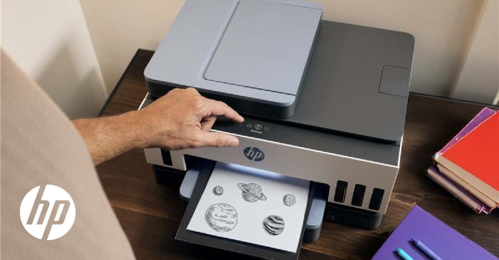 College supplies man pressing print