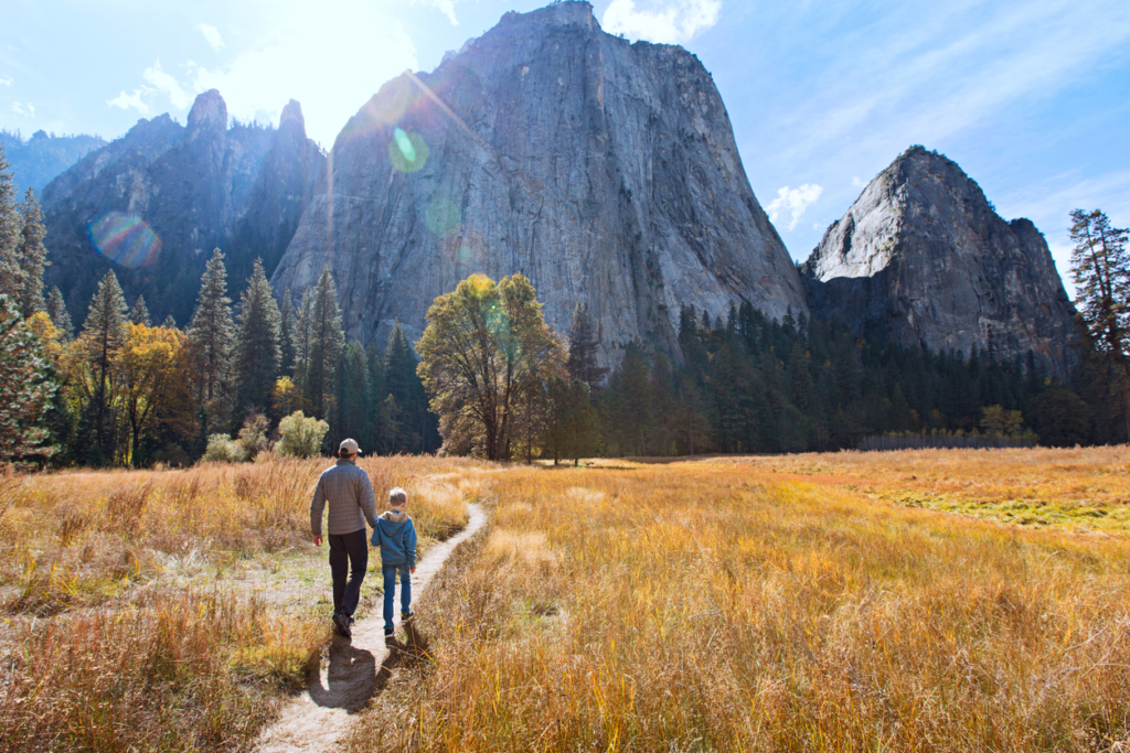 best hiking trails for kids dad and son at a nation park hiking outdoors outside nature hike back view of active family of two, father and son, enjoying valley and mountain view in yosemite national park, california, active family vacation concept