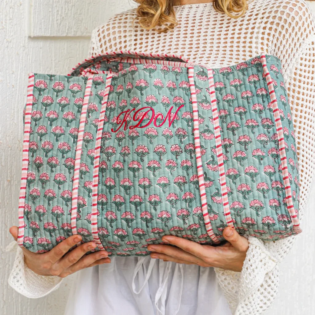 Embroidered Floral Block Print Tote, Quilted Cotton Travel Bag christmas gifts for your wife