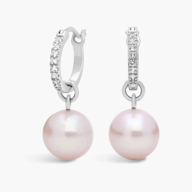 Freshwater Cultured Pearl and White Topaz Drop Hoop Earrings in Sterling Silver Freshwater Cultured Pearl and White Topaz Drop Hoop Earrings in Sterling Silver