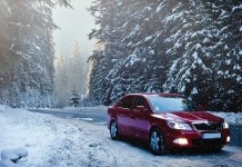 Red Sedan in the Middle of Forest - best snow chains for tires