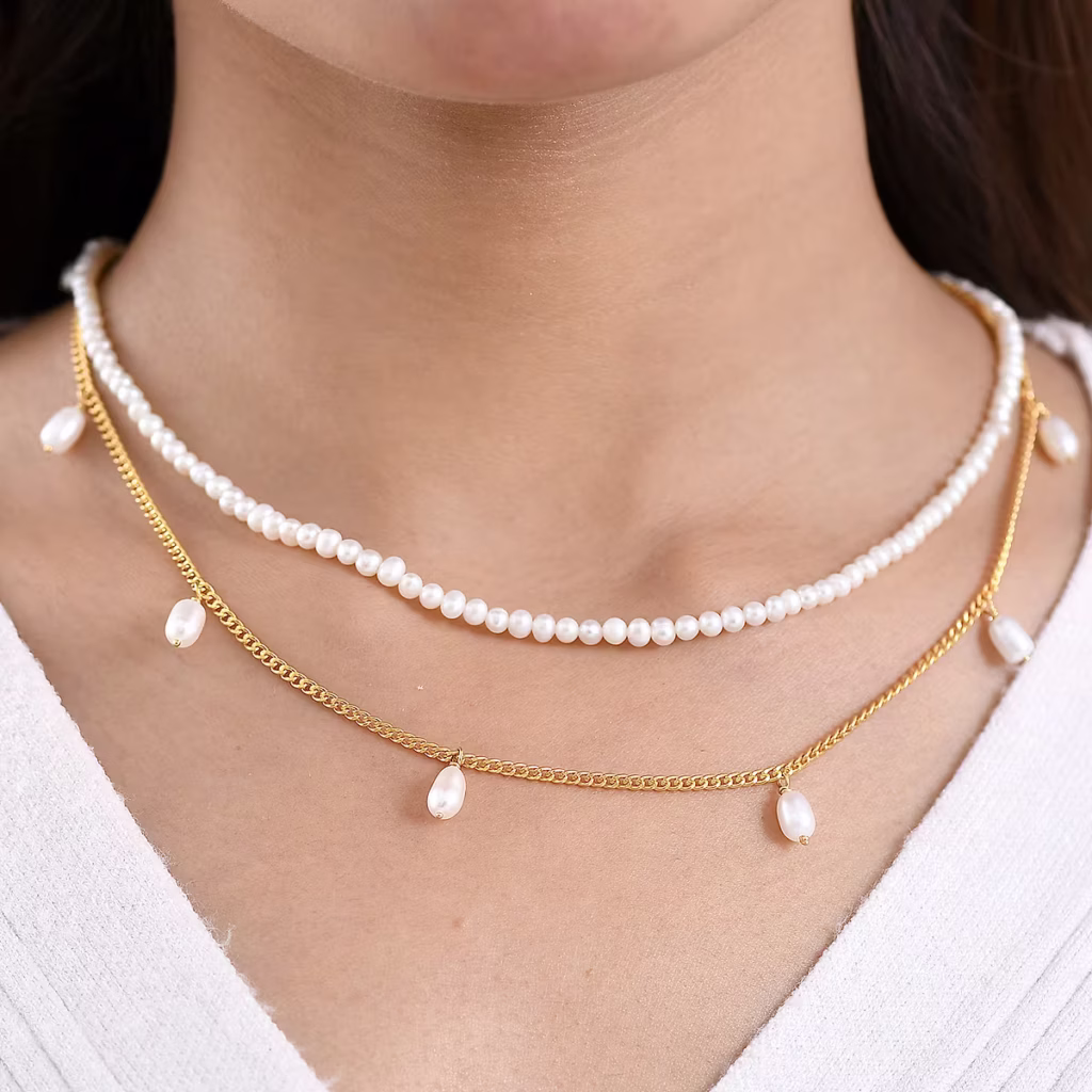 D'Joy Premium Freshwater Pearl Necklace in 18K Vermeil Yellow Gold Over Sterling Silver 14-16 Inches